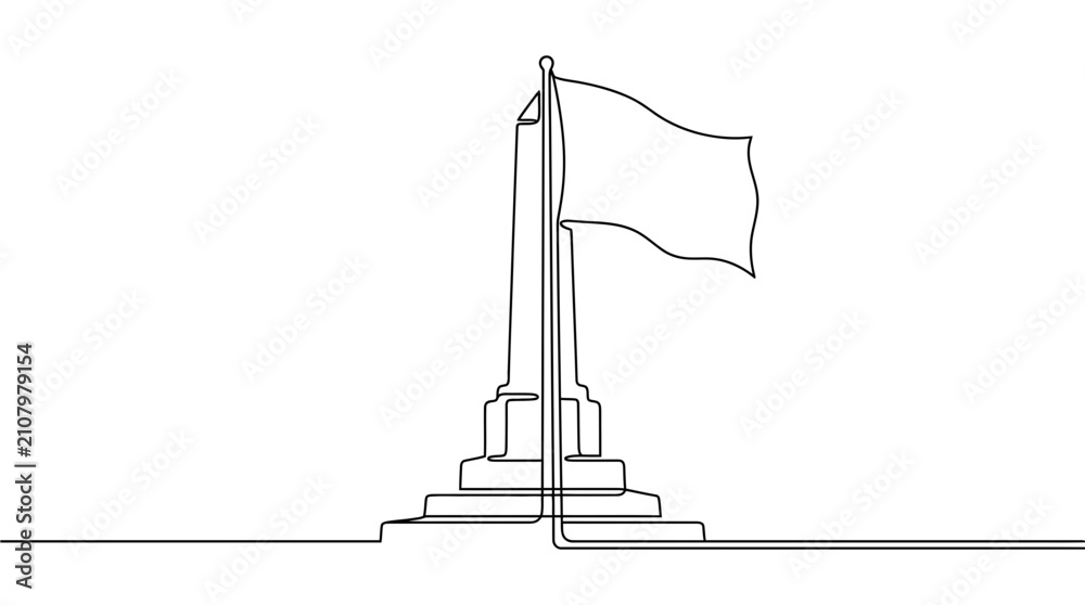 Obraz premium Continuous One Line Drawing of a National Monument Obelisk and Waving Flag