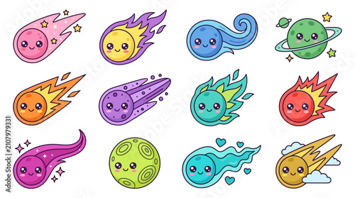 Colorful cartoon meteorites with cute faces.