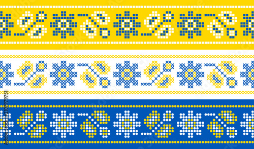 Ukrainian Seamless Embroidery Border Collection with Pixel, Dot and Cross Stitch Styles, Traditional Blue and Yellow Vyshyvanka Folk Ornament Set for Textile, Surface Pattern and Graphic Design