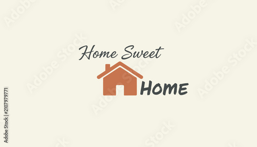 Home sweet home typography design featuring a rustic house icon in warm terracotta on light neutral background.