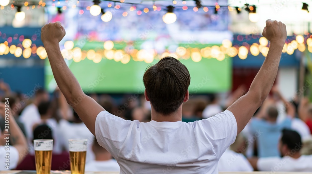 Fototapeta premium Excited fan celebrating watching a sports competition on a large outdoor screen with friends, enjoying beer and atmosphere