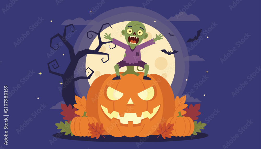 Fototapeta premium Cheerful cartoon zombie character dancing on top of a large glowing jack-o-lantern pumpkin under a bright full moon night.