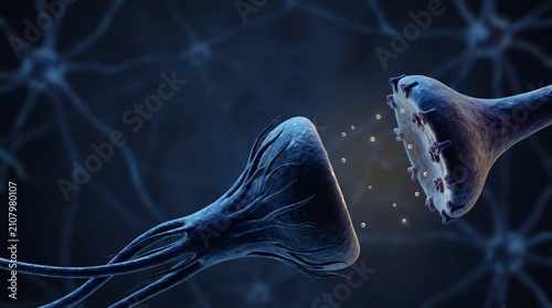 Scientific 3D visualization of a synaptic gap with neurotransmitters transferring between neurons, deep blue aesthetic with copy space for neurological research content