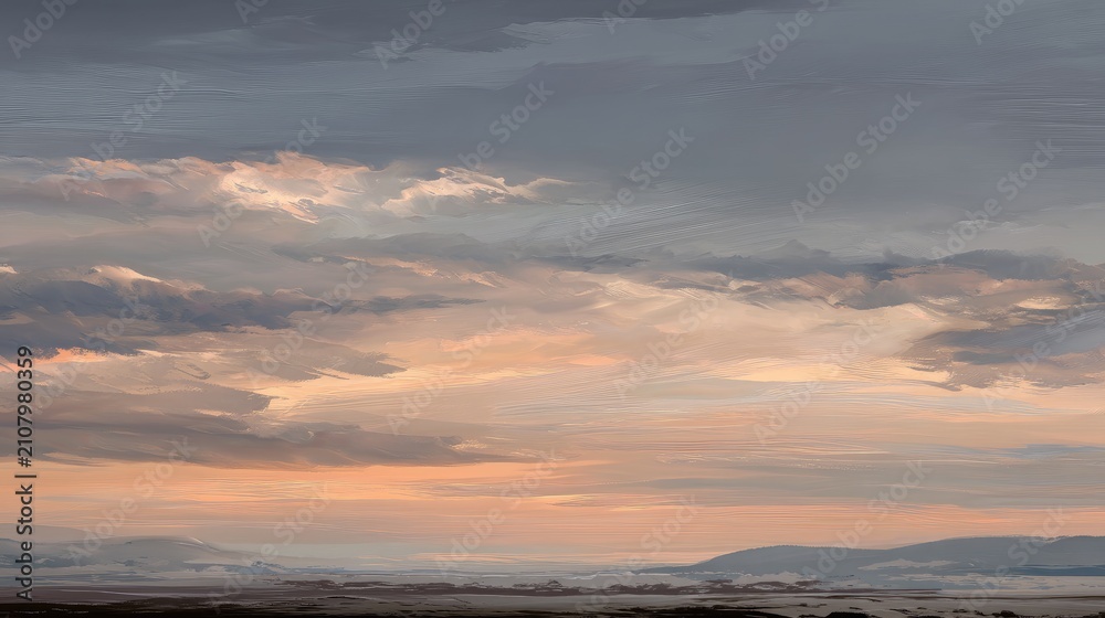 Fototapeta premium Serene Sunrise Over Tranquil Landscape with Soft Clouds and Gentle Hues in the Sky, Evoking a Sense of Peace and Calmness in Nature's Beauty