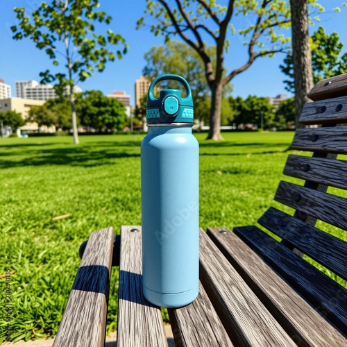 Blue reusable water bottle rests on park bench in sunny green grassy area. Trees and buildings seen in background on bright summer day. Hydration concept.