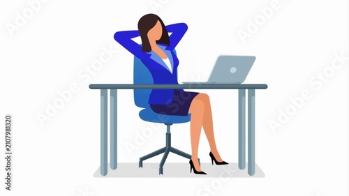 Businesswoman sitting at office desk relaxing and stretching animation