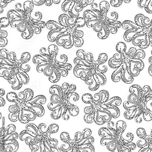 Octopus. Vector seamless background pattern on white. Food vector Illustration. Monochrome. Templates for menu design, packaging, restaurants and catering. Perfect for wallpaper, wrapping, cover, fabr