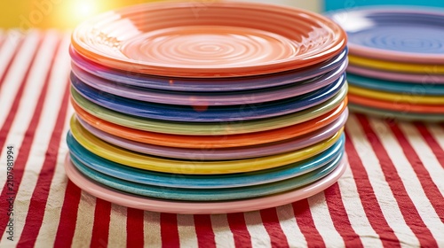 Stack of vibrant colorful ceramic plates on a red striped tablecloth for summer dining and celebrations