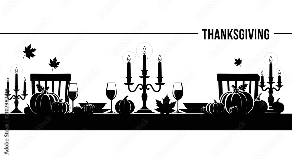 Obraz premium A black and white silhouette illustration of a festive Thanksgiving dinner table setting.