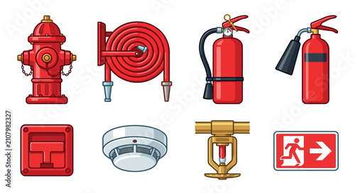Firefighting Equipment Collection Vector Illustration With Red And Brass Elements