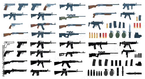 Assortment Of Firearms And Ammunition Vector Illustration