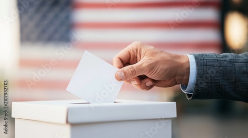 Hand casting a ballot in voting box, representing American election and democratic process with patriotic background