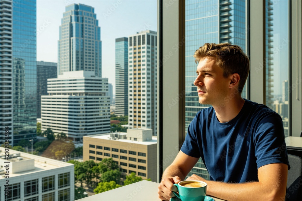 Naklejka premium Young man drinks coffee at office table near window. Caucasian guy looks out at city skyline with skyscrapers, business centers during workday. Male professional relaxes with hot drink inside modern