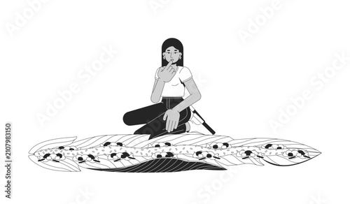 Woman enjoying nasi liwet served on banana leaves line art character. Indonesian communal dining tradition. Southeast asian female isolated vector outline person. Black and white spot illustration