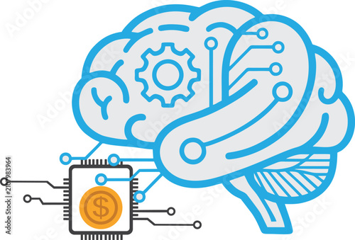 Artificial intelligence processing microchip with money symbol, automated finance and profit concept