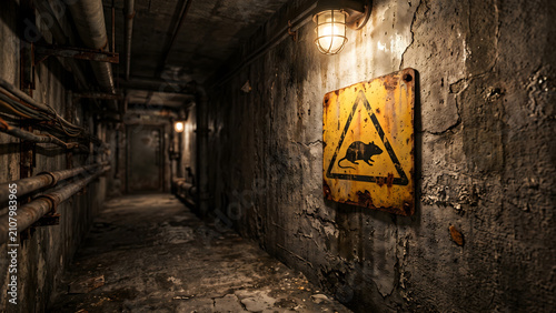 Abandoned Industrial Corridor with Rusty Warning Sign of Rat Infestation in Dark Underground Basement