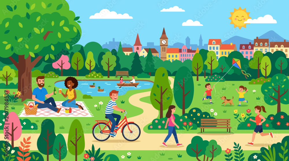 Naklejka premium Illustrated Park Scene with People Enjoying Outdoor Activities.