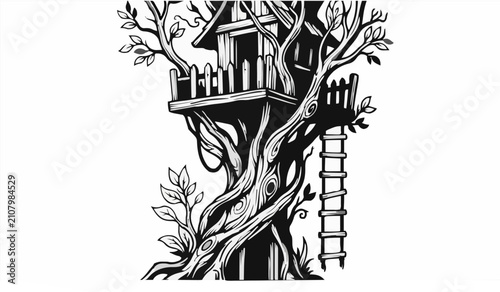 Принти на полотні Stylized Vector Illustration of a Magical Treehouse Dwelling with Intricate Bran
