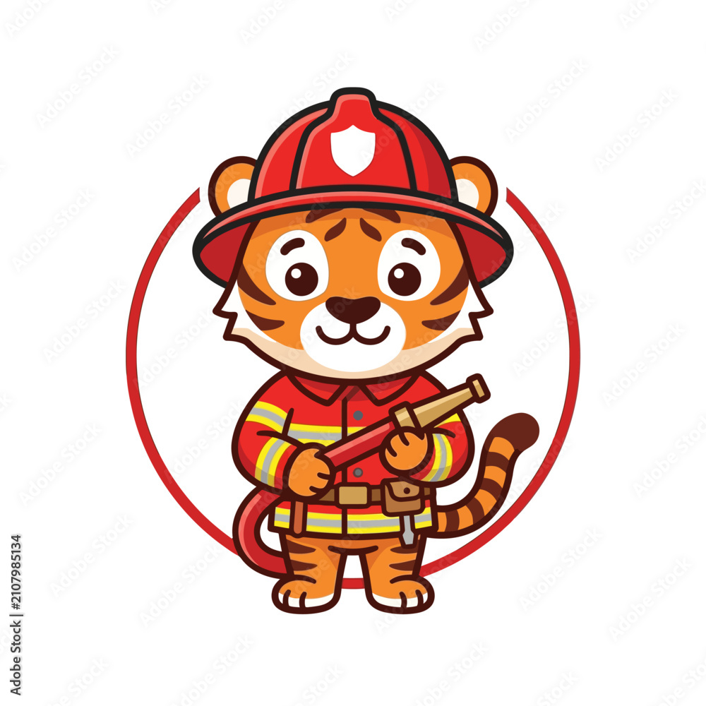Fototapeta premium Cute Firefighter Tiger Character Holding Hose, Cartoon Animal in Uniform, Vector Illustration