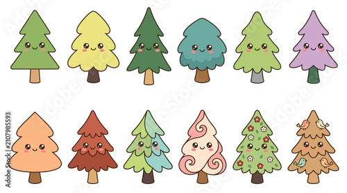 Colorful Cartoon Trees with Faces Illustration Set.