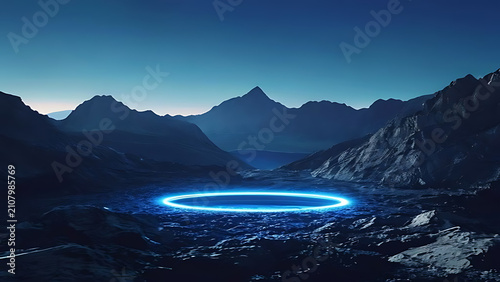 Glowing blue portal in dark rocky mountain landscape