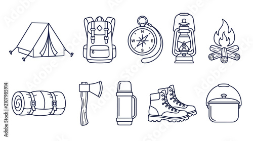 Fotografie Vector line icons of outdoor camping gear and hiking adventure equipment