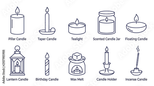 Fotografie Collection of Thin Line Icons Depicting Various Types of Decorative Candles