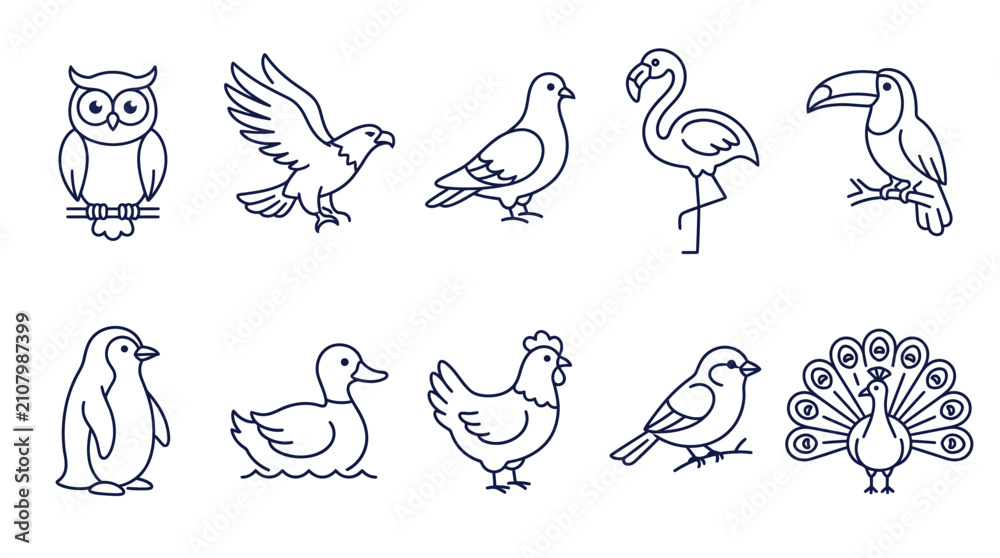 Fototapeta premium Vector bird icons set featuring owl eagle pigeon flamingo duck and peacock