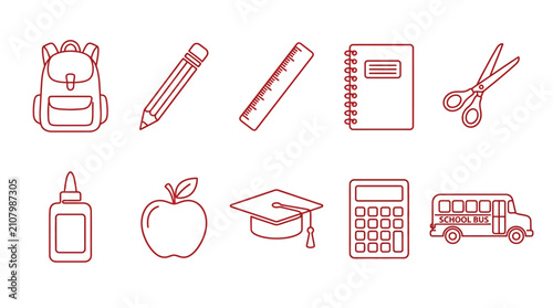 Cuadro en lienzo Collection of Red Outline School Supplies and Education Icons for Back to School