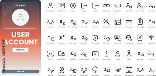User Account icon set. Contain icons related to user account, profile, login, avatar, settings, password, member, and more. Editable stroke. Vector illustration