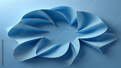 Abstract blue paper folds forming a floral shape curves