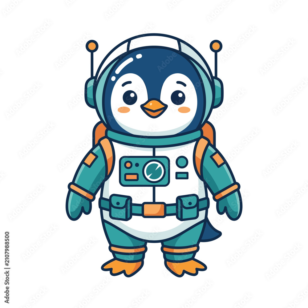Obraz premium Cute cartoon astronaut penguin in space suit, isolated on white background.