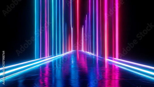 Neon light tunnel with pink and blue glowing lines