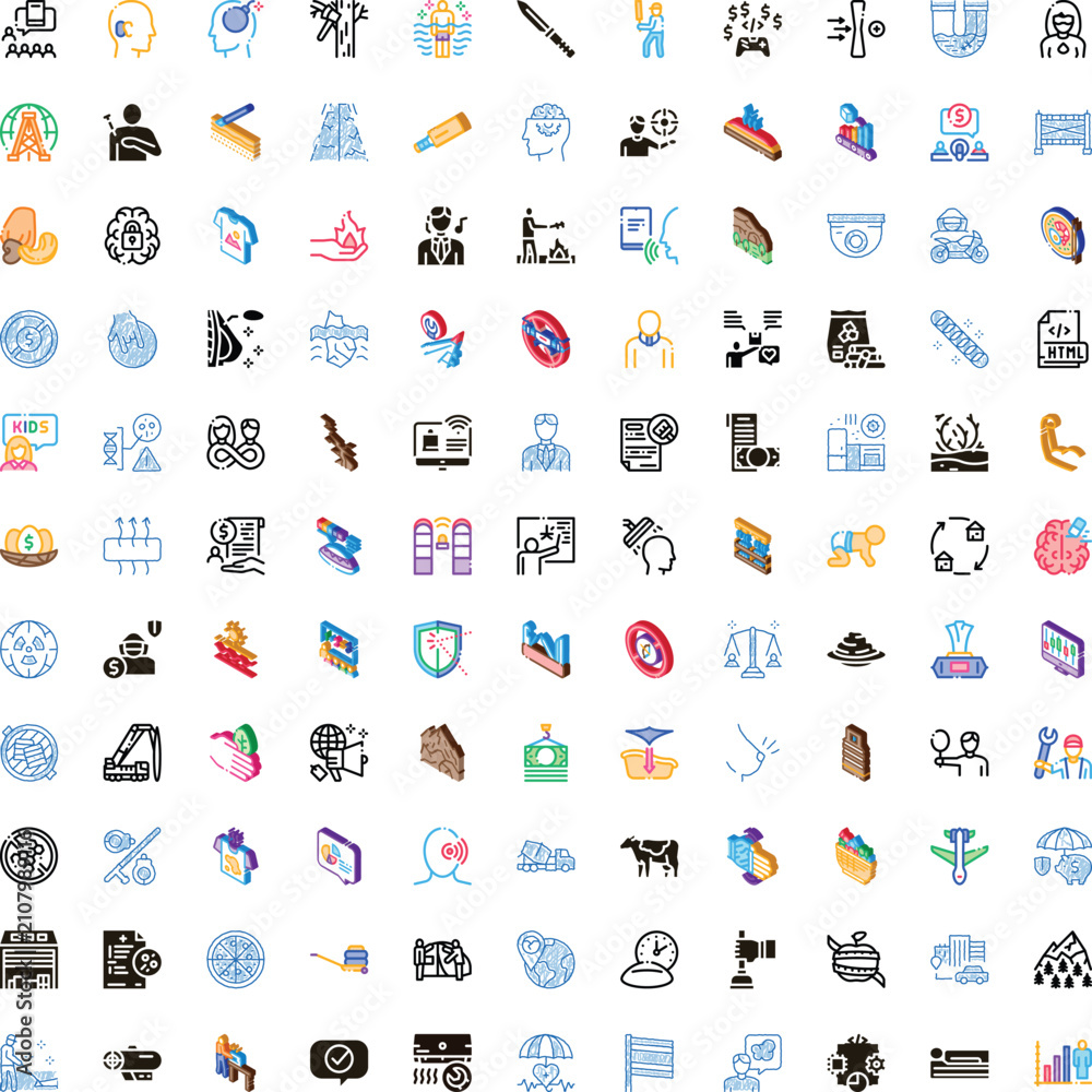 Naklejka premium Diverse collection of icons illustrating a wide range of subjects, including economy, health, technology, security, environment, and human activity on white background