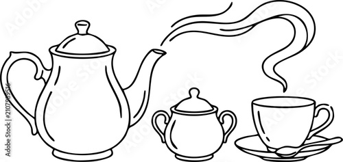 Cuadro en lienzo Tea kettle sugar bowl and steaming cup line icon set with beverage steaming brea