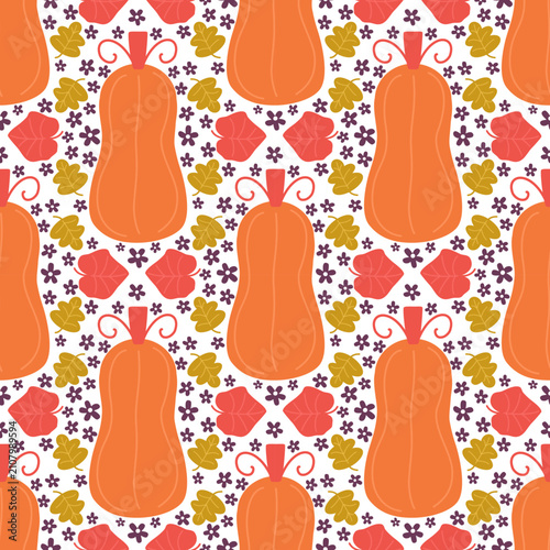 Seamless Pumpkin Diamond Repeat Pattern with Autumn Leaves and Daisy Flowers Fall Hand Drawn Vector Illustration for Thanksgiving Holiday