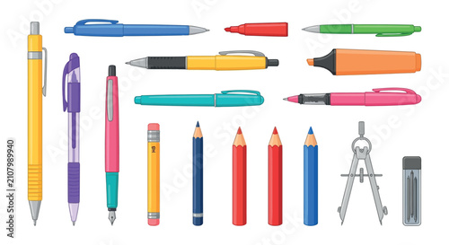 Tableau sur toile Assorted Writing Utensils And Tools Colorful Vector Illustration