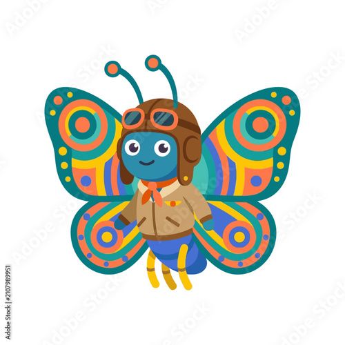Cute cartoon butterfly aviator in flight, colorful wings, pilot hat and goggles, vector illustration