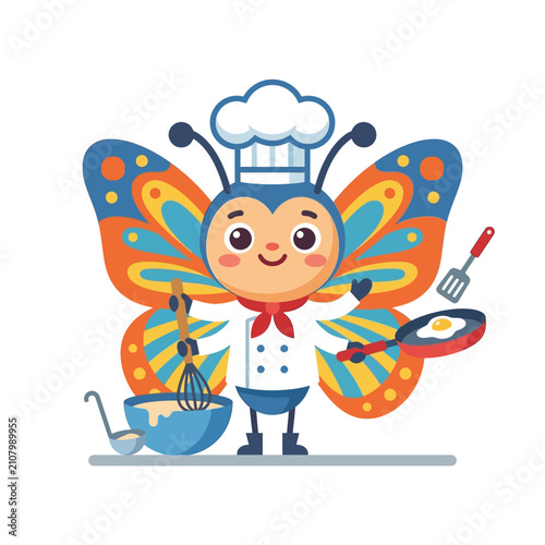 Cute Butterfly Chef Cooking Pancakes with Whisk and Frying Pan