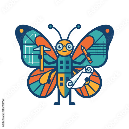 Creative Butterfly Architect with Blueprint and Tools, Concept of Design and Planning