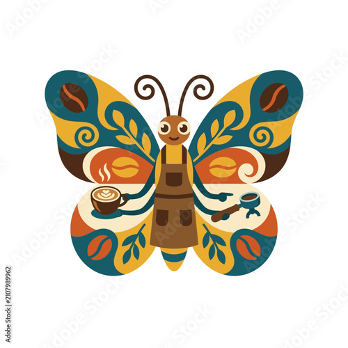 Whimsical Butterfly Barista with Coffee and Beans, Artistic Illustration
