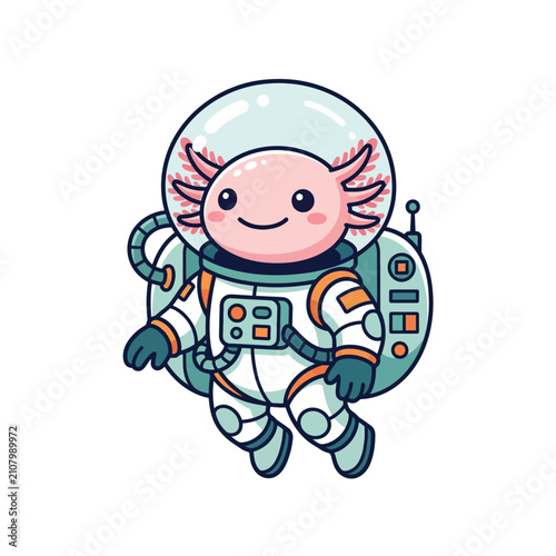 Cute Axolotl Astronaut Floating in Space, Kawaii Style