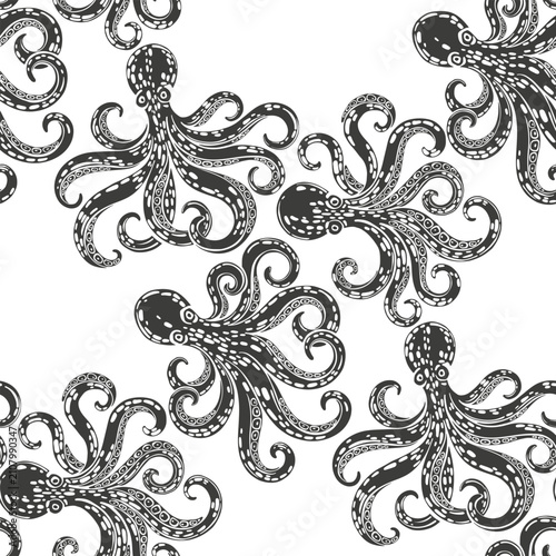 Octopus. Vector seamless pattern. Black silhouettes on white. Monochrome. Templates for menu design, packaging, restaurants and catering. Perfect for wallpaper, wrapping, cover, fabric and textile.