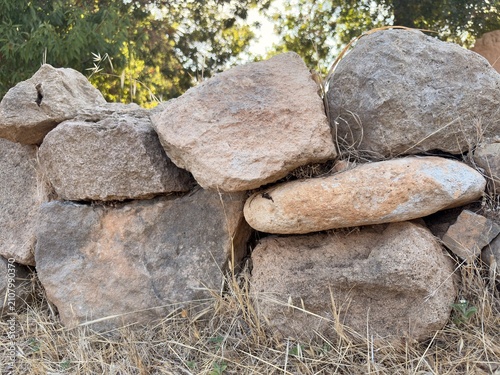 Картината върху платно Dry stone boundary wall at the reconstructed prehistoric settlement of Lemba-Lak