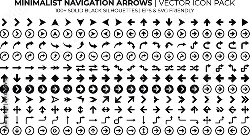 Minimalist navigation arrows vector icon pack featuring solid black silhouettes and EPS SVG friendly design