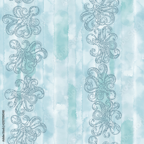 Octopus on blue watercolor. Vector seamless background pattern on blue watercolor. Vector Illustration. Monochrome. Templates for menu design, packaging, restaurants and catering.