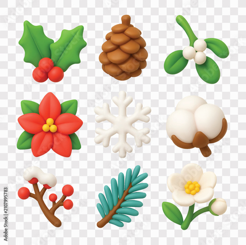 Christmas Botanical Vector Icon Set | 3D icon set | holly leaves, pinecone, mistletoe berries, poinsettia flower, snowflake, cotton flower, snow-dusted berry branches, pine branch, white flower