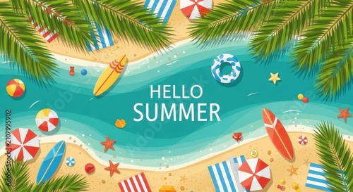 Top view of a tropical beach with palm leaves, surfboards, beach towels, and summer accessories