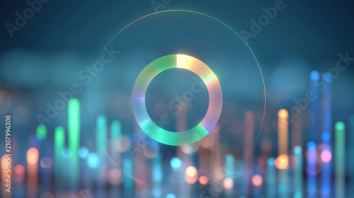 Colorful circular chart with glowing bar graph blurred background, futuristic data visualization
