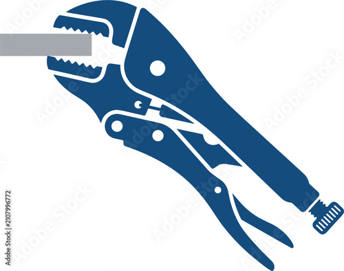 Blue locking pliers clamping onto a rectangular metal bar graphic illustration design element with pliers firmly gripping plain white background
